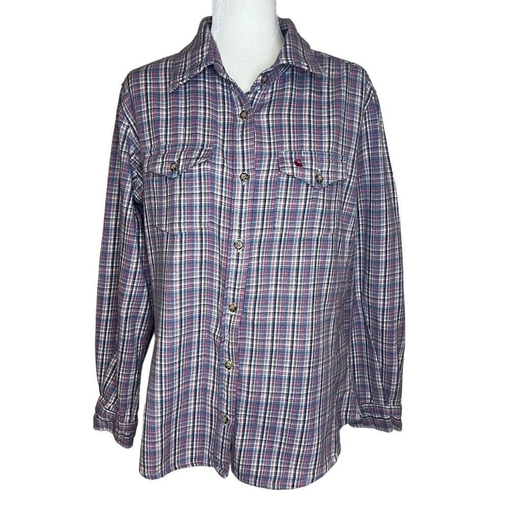 Carhartt Pink and Blue Plaid Flannel Shirt. Size Large. Great Condition!!